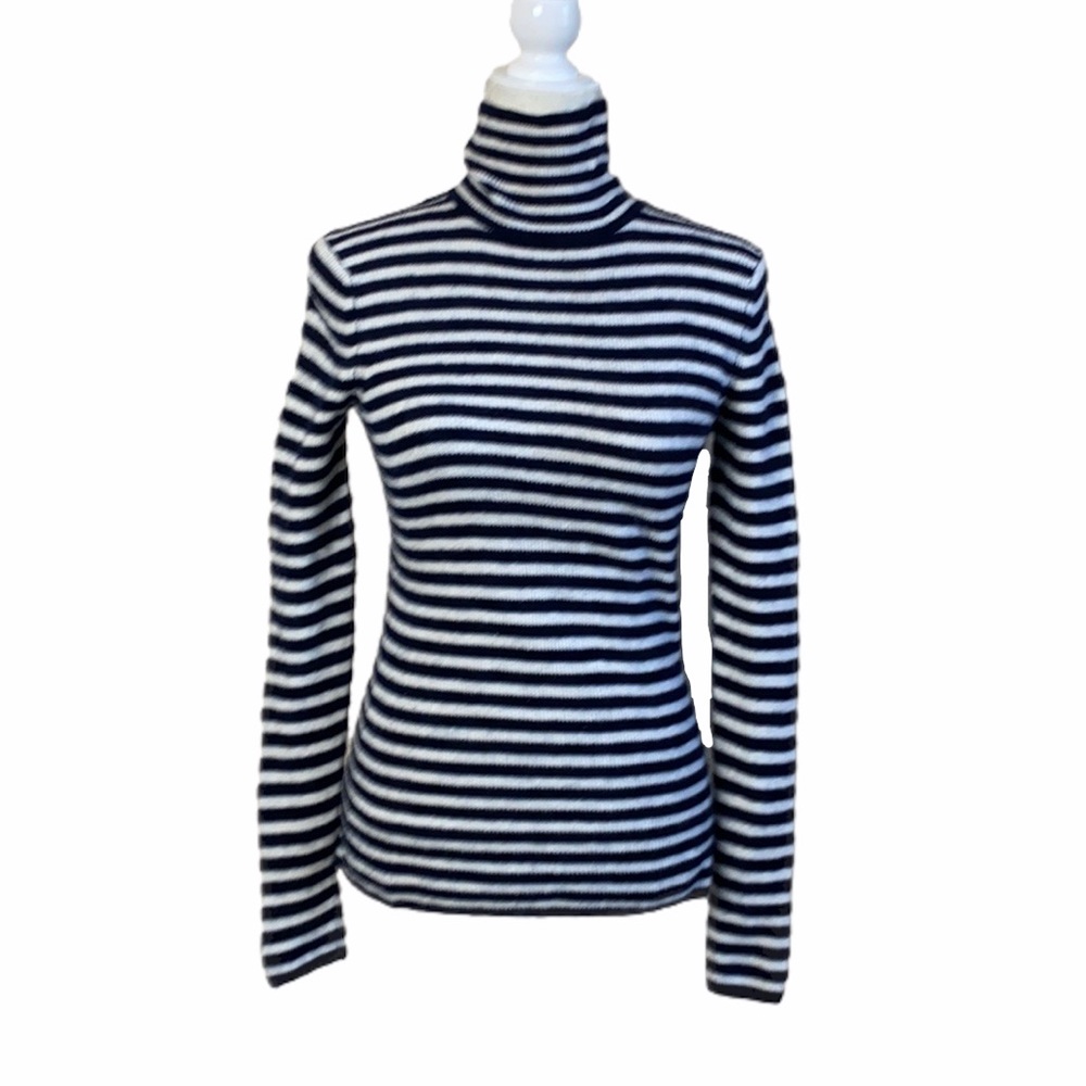 Vince Black & Ivory 100% Cashmere Breton Turtleneck Sweater Size Medium
